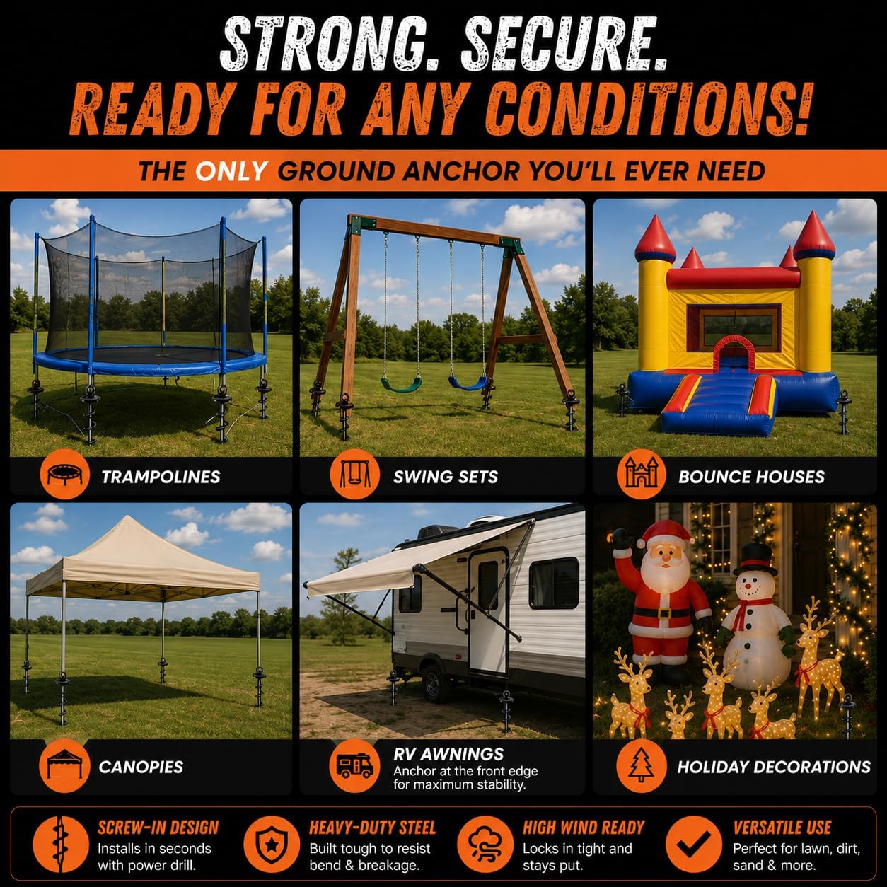 Outdoor Ground Anchor Stakes for Trampoline, Tent, and Canopy Stability